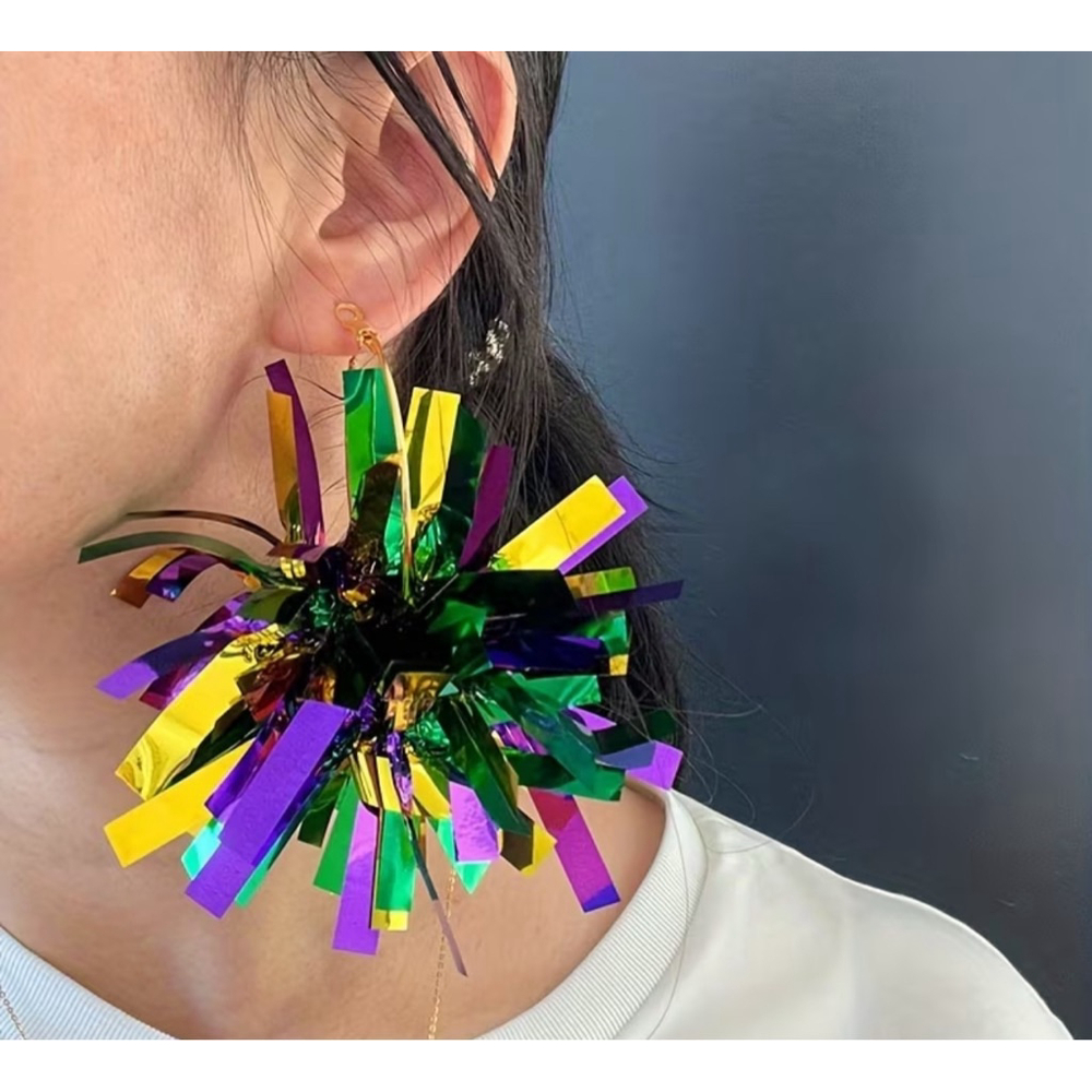 Mardi Gras Purple Green and Gold Tinsel Hoop Earrings